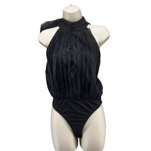 TCEC Tie Back Organza Bodysuit Womens Black Pleated Halter Backless Size S